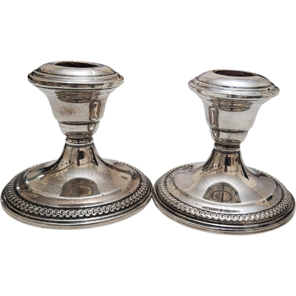 La Pierre Sterling Silver Weighted Candlesticks Pair Beaded Base 430 Grams VTG